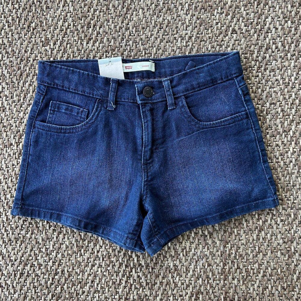 Levis Youth Denim Shorts Dark Wash Stretch Adjustable Waist Casual Size 14 NWT